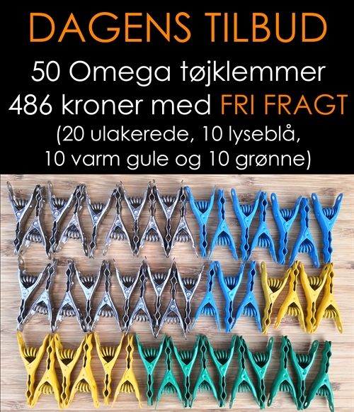 DAGENS TILBUD med FRI FRAGT. 50 Omega tøjklemmer (20 ulakerede, 10 lyseblå, 10 varm gule og 10 grønne)
